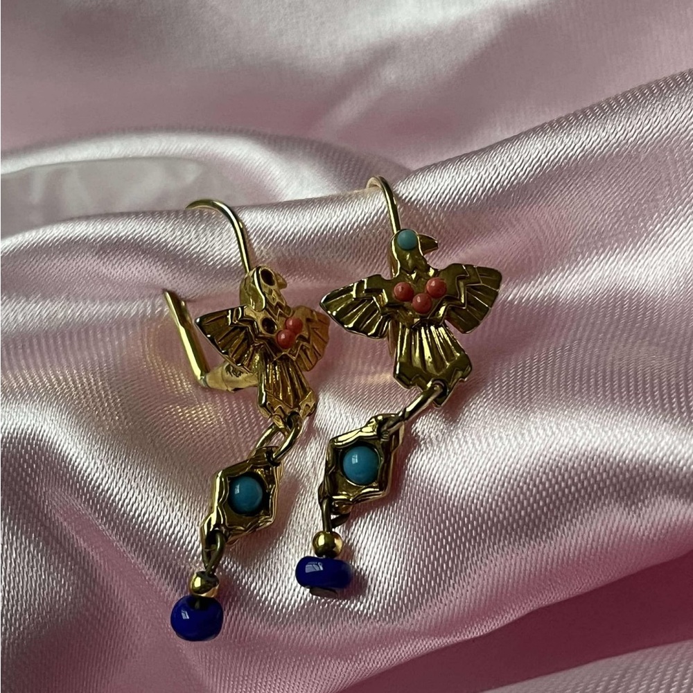 Gold Tone Southwestern Bird Drop Earrings with Turquoise & Blue Accents